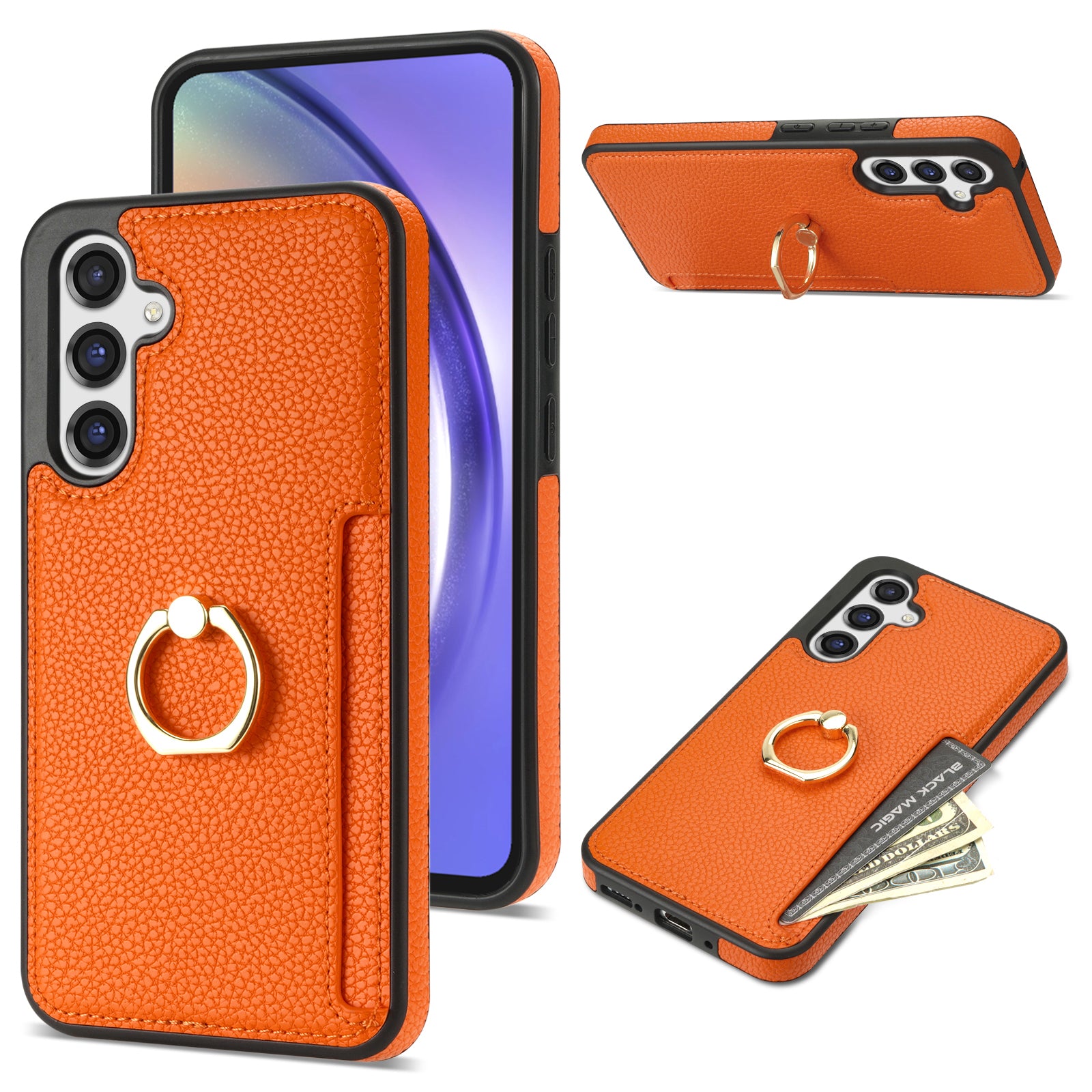 For Samsung Galaxy A16 4G / 5G Case Ring Kickstand PU+TPU Card Holder Phone Cover - Orange