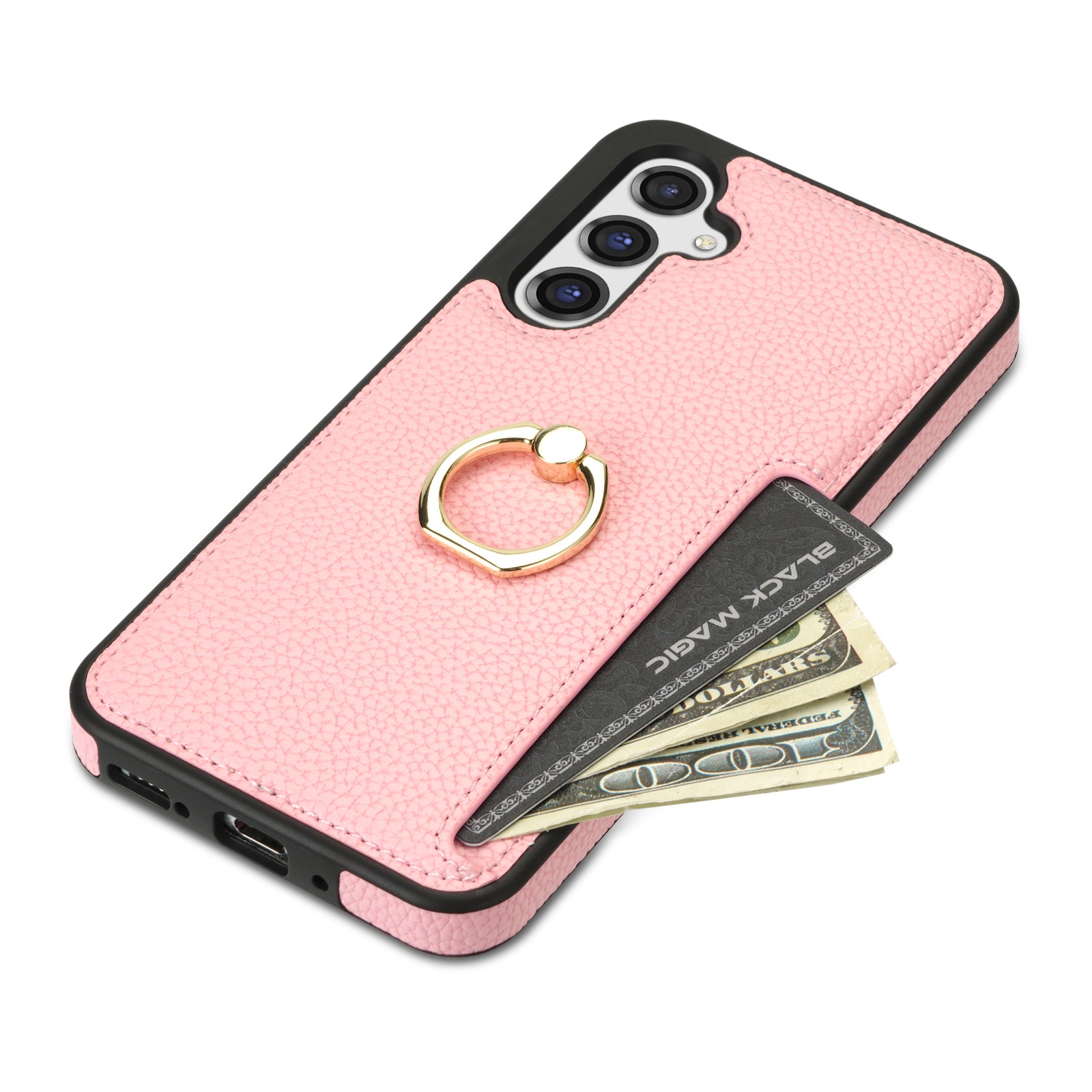 For Samsung Galaxy A16 4G / 5G Case Ring Kickstand PU+TPU Card Holder Phone Cover - Pink