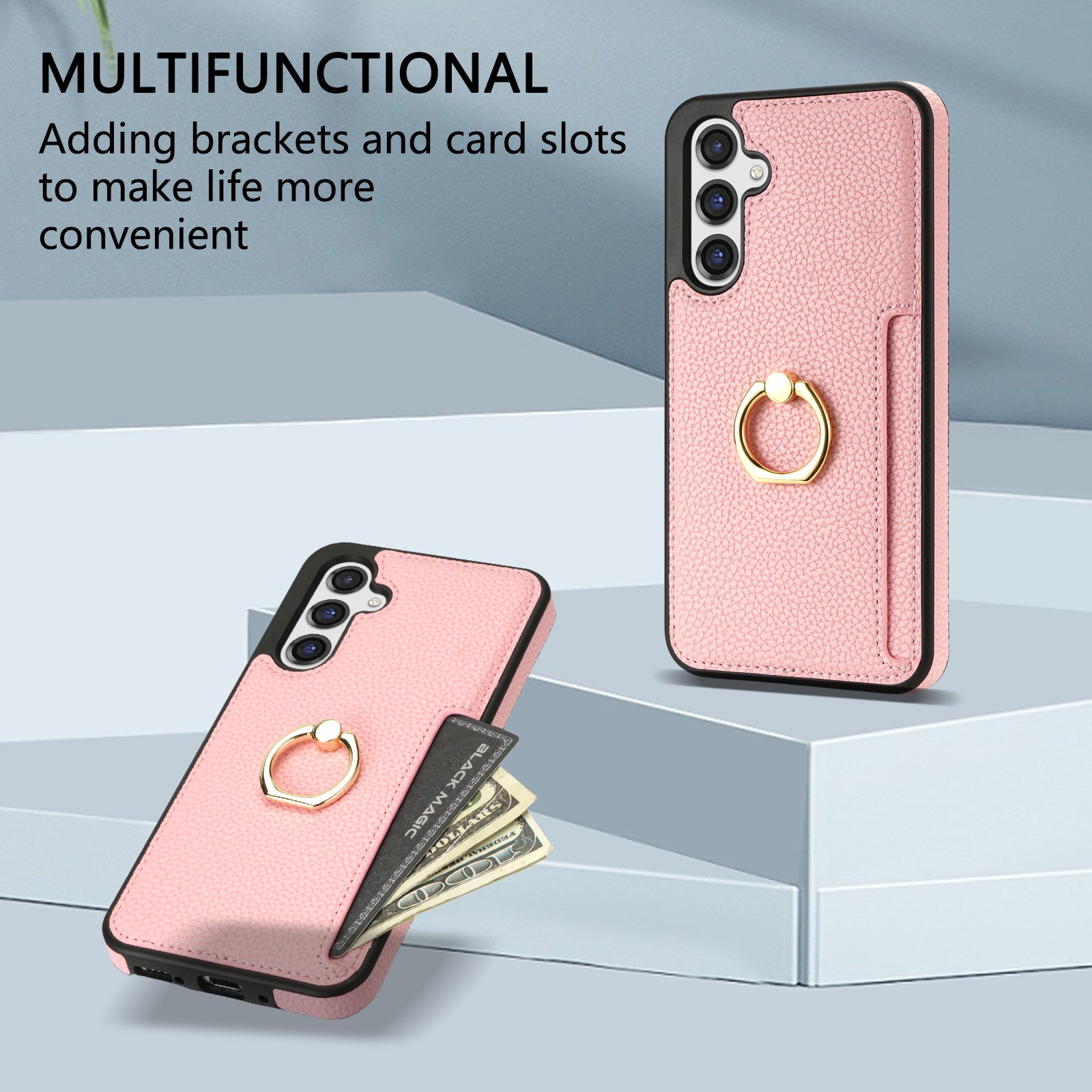 For Samsung Galaxy A16 4G / 5G Case Ring Kickstand PU+TPU Card Holder Phone Cover - Pink