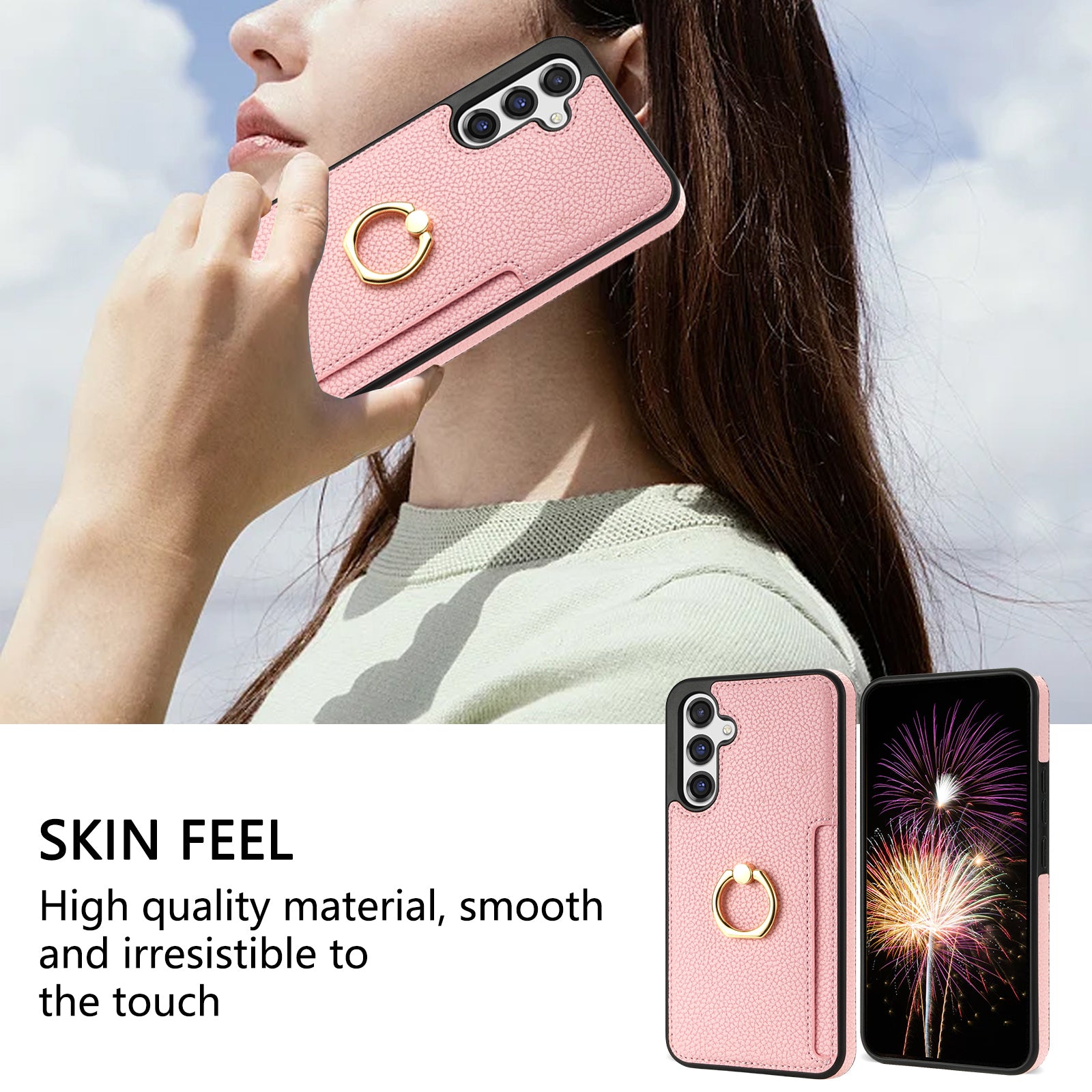 For Samsung Galaxy A16 4G / 5G Case Ring Kickstand PU+TPU Card Holder Phone Cover - Pink
