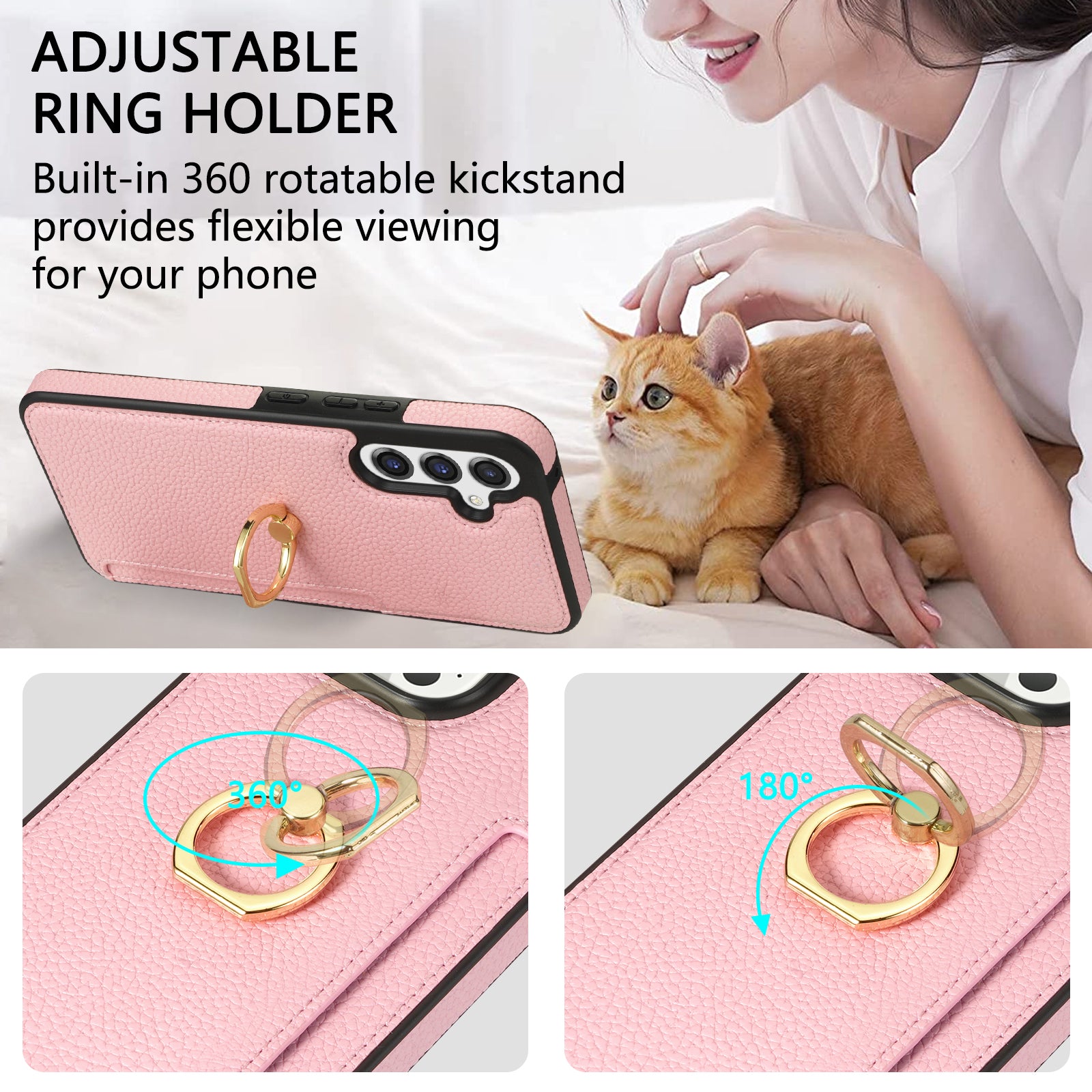 For Samsung Galaxy A16 4G / 5G Case Ring Kickstand PU+TPU Card Holder Phone Cover - Pink
