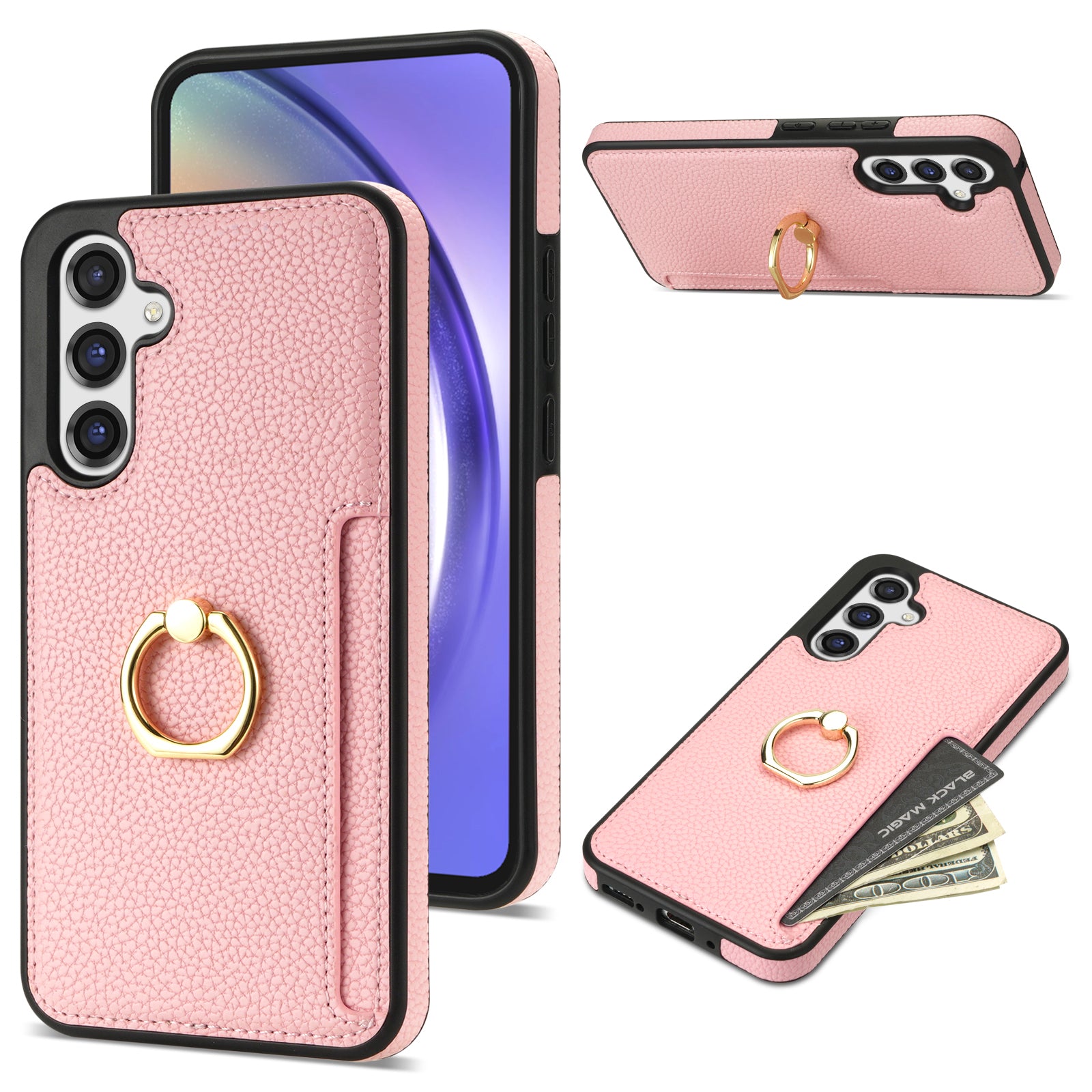 For Samsung Galaxy A16 4G / 5G Case Ring Kickstand PU+TPU Card Holder Phone Cover - Pink
