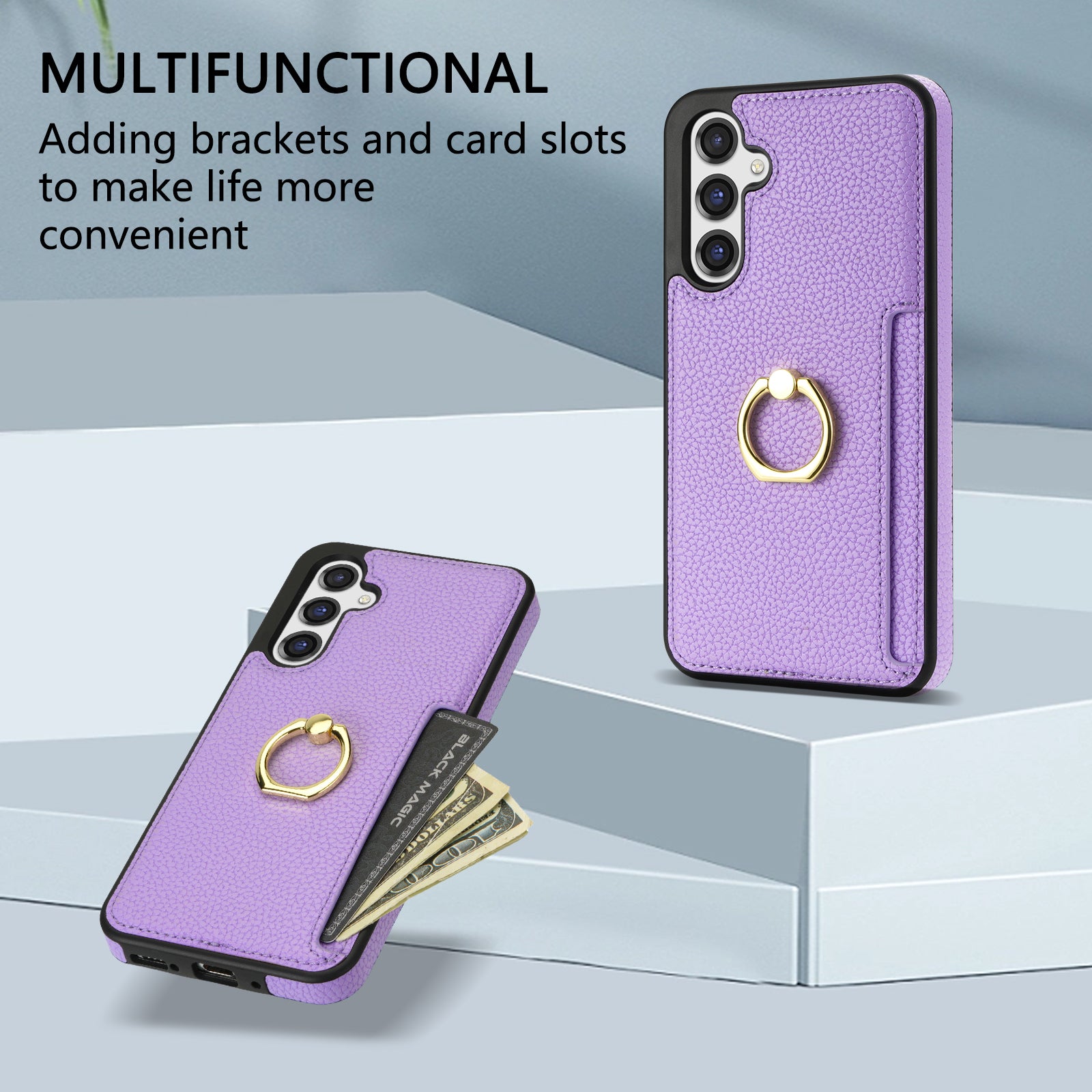 For Samsung Galaxy A16 4G / 5G Case Ring Kickstand PU+TPU Card Holder Phone Cover - Purple