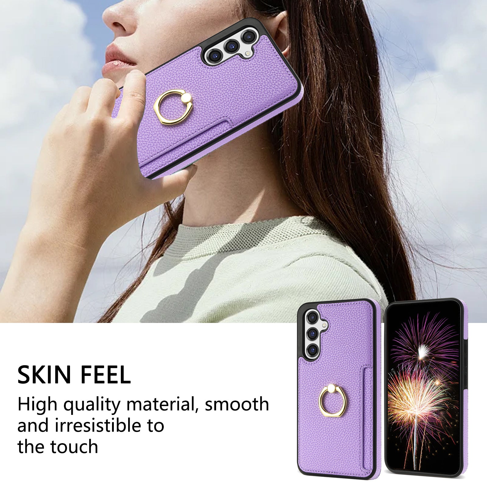 For Samsung Galaxy A16 4G / 5G Case Ring Kickstand PU+TPU Card Holder Phone Cover - Purple