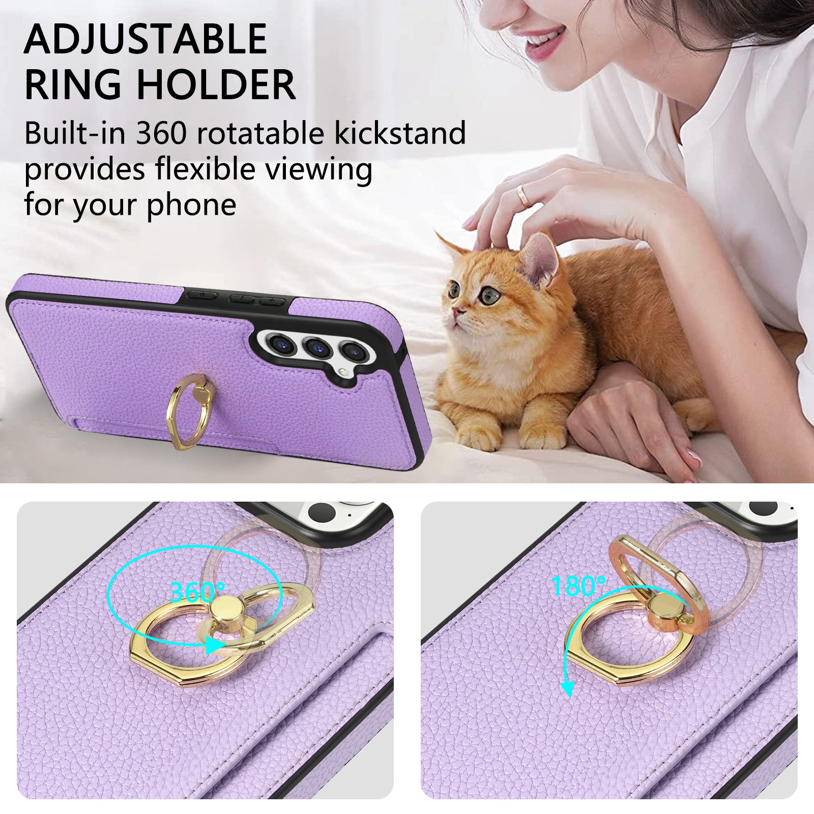 For Samsung Galaxy A16 4G / 5G Case Ring Kickstand PU+TPU Card Holder Phone Cover - Purple