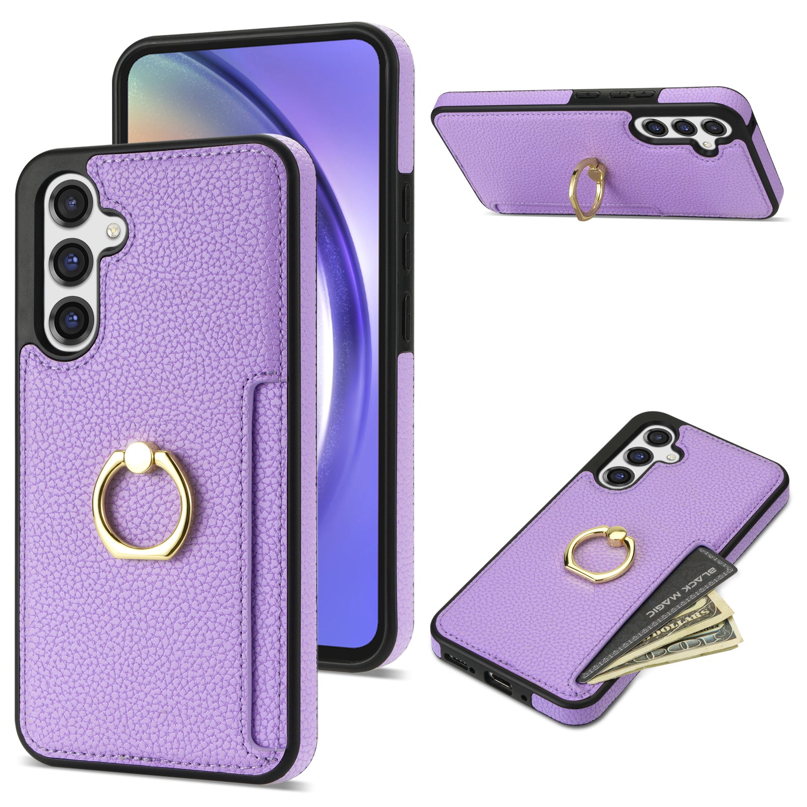 For Samsung Galaxy A16 4G / 5G Case Ring Kickstand PU+TPU Card Holder Phone Cover - Purple