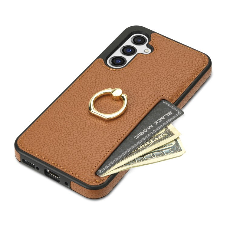 For Samsung Galaxy S25 Case Ring Kickstand PU+TPU Card Holder Phone Cover - Brown