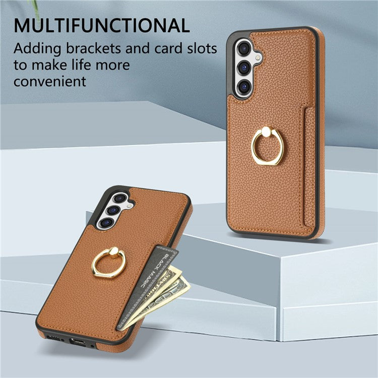 For Samsung Galaxy S25 Case Ring Kickstand PU+TPU Card Holder Phone Cover - Brown