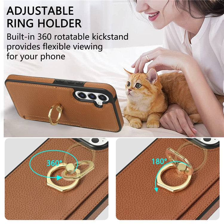 For Samsung Galaxy S25 Case Ring Kickstand PU+TPU Card Holder Phone Cover - Brown