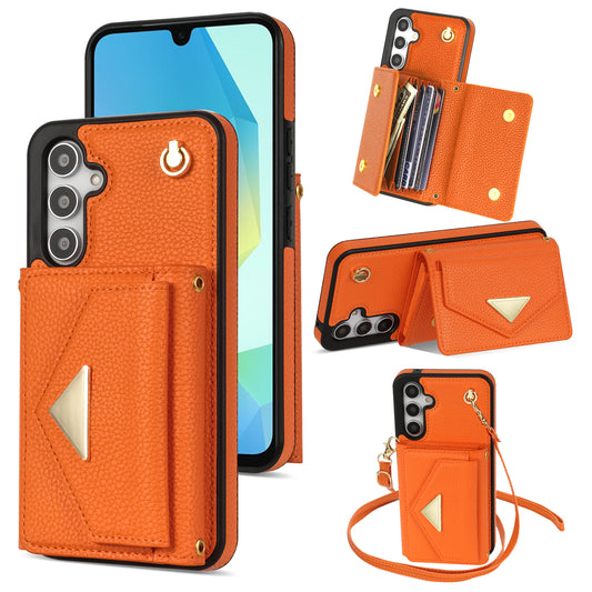 For Samsung Galaxy A16 4G / 5G Case Card Slots PU+TPU Cell Phone Cover with Long Strap - Orange