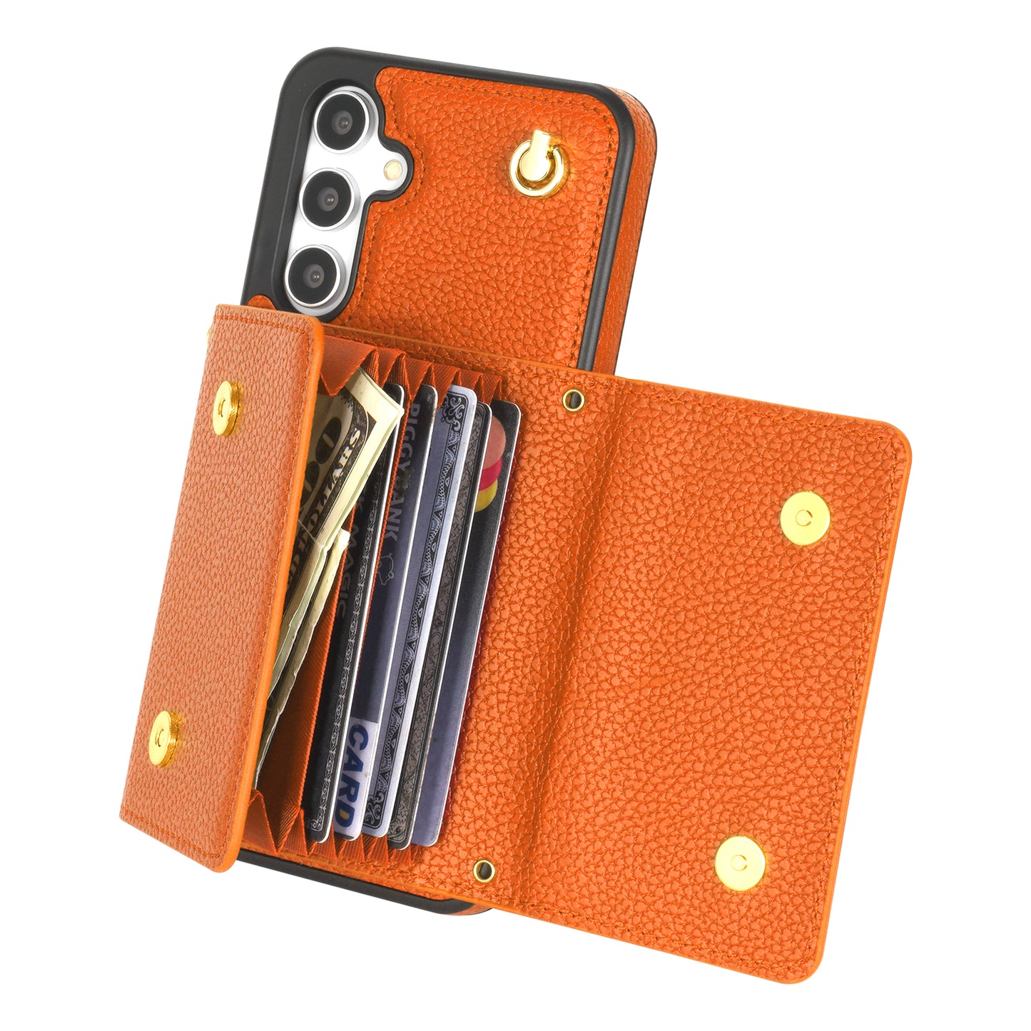 For Samsung Galaxy A16 4G / 5G Case Card Slots PU+TPU Cell Phone Cover with Long Strap - Orange