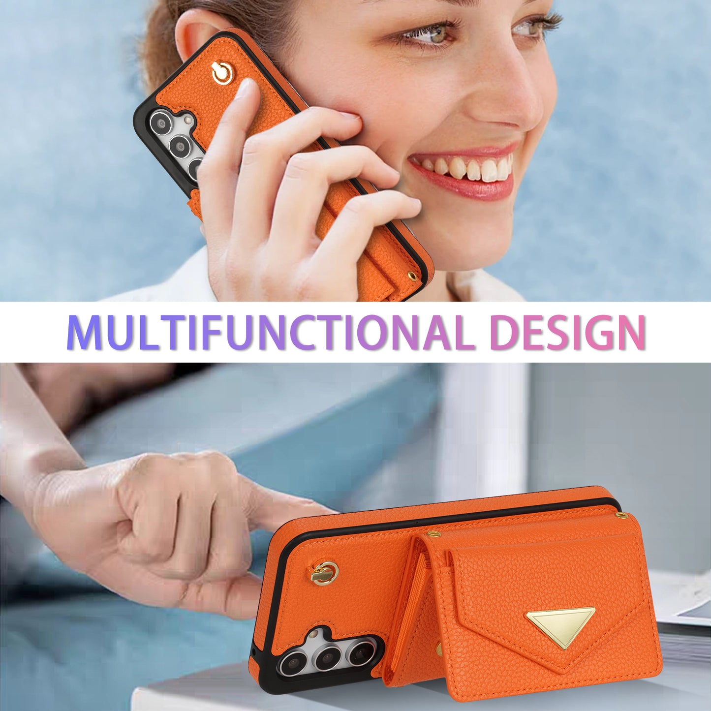 For Samsung Galaxy A16 4G / 5G Case Card Slots PU+TPU Cell Phone Cover with Long Strap - Orange