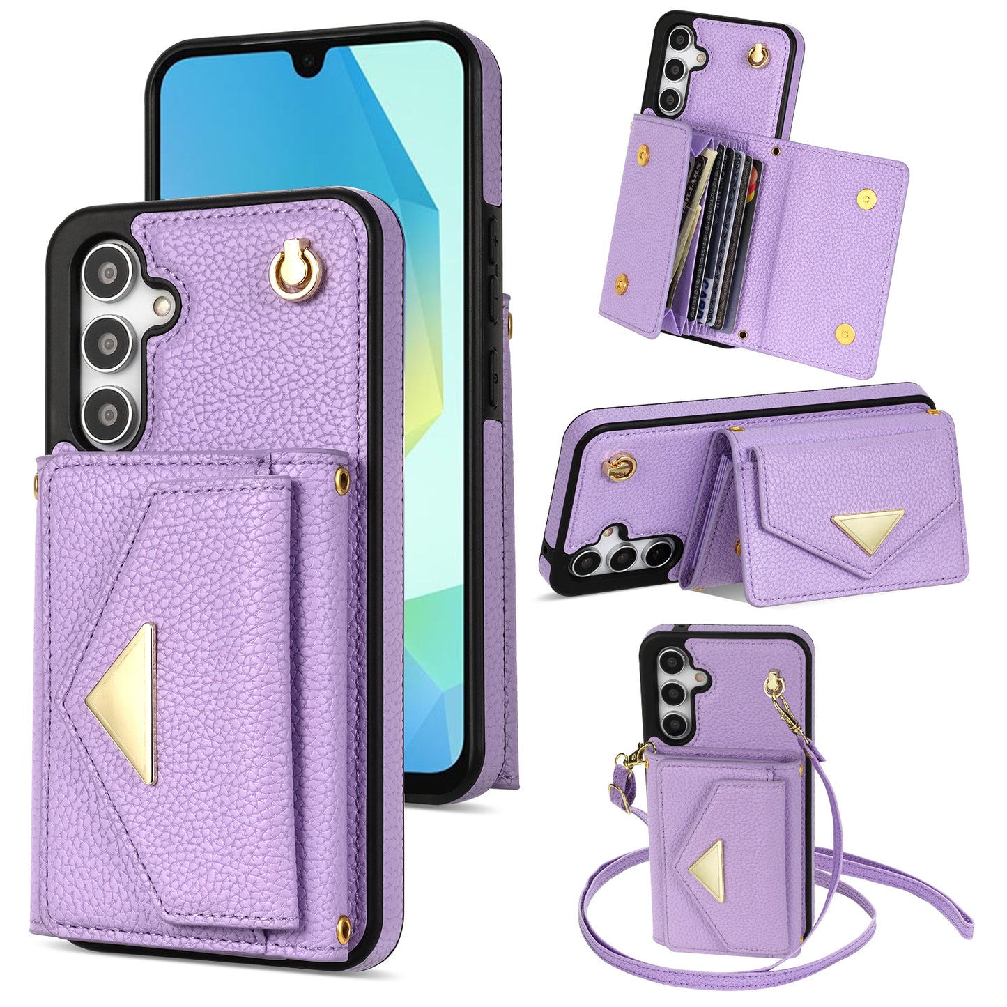 For Samsung Galaxy A16 4G / 5G Case Card Slots PU+TPU Cell Phone Cover with Long Strap - Purple