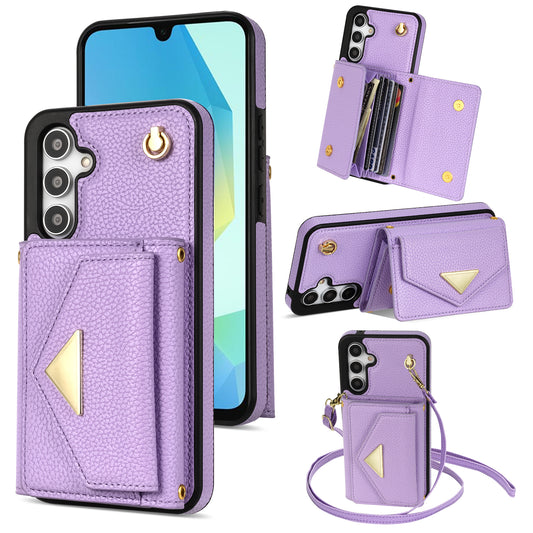 For Samsung Galaxy A16 4G / 5G Case Card Slots PU+TPU Cell Phone Cover with Long Strap - Purple