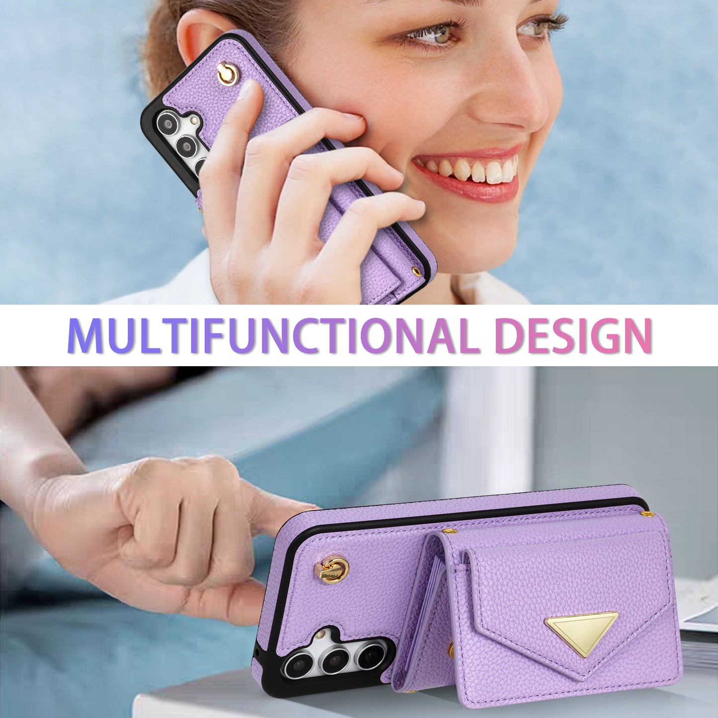 For Samsung Galaxy A16 4G / 5G Case Card Slots PU+TPU Cell Phone Cover with Long Strap - Purple