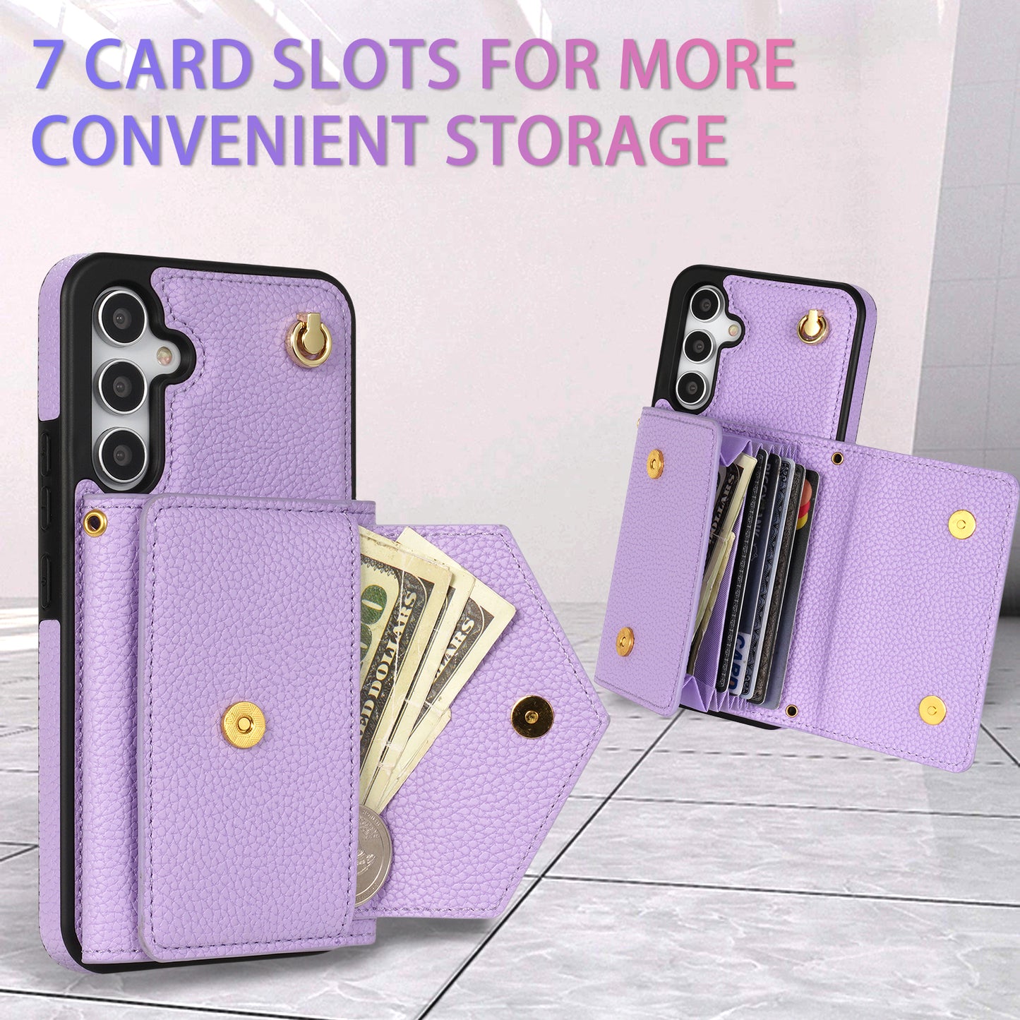 For Samsung Galaxy A16 4G / 5G Case Card Slots PU+TPU Cell Phone Cover with Long Strap - Purple