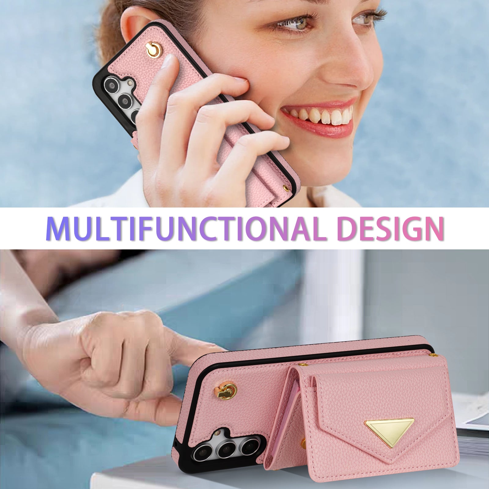 For Samsung Galaxy A16 4G / 5G Case Card Slots PU+TPU Cell Phone Cover with Long Strap - Pink