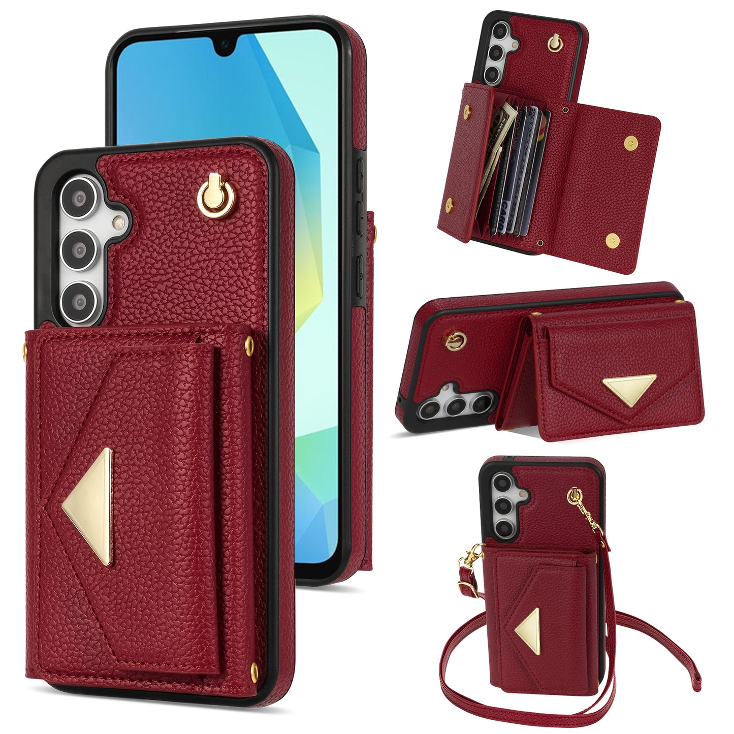 For Samsung Galaxy A16 4G / 5G Case Card Slots PU+TPU Cell Phone Cover with Long Strap - Wine Red