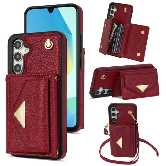 For Samsung Galaxy A16 4G / 5G Case Card Slots PU+TPU Cell Phone Cover with Long Strap - Wine Red