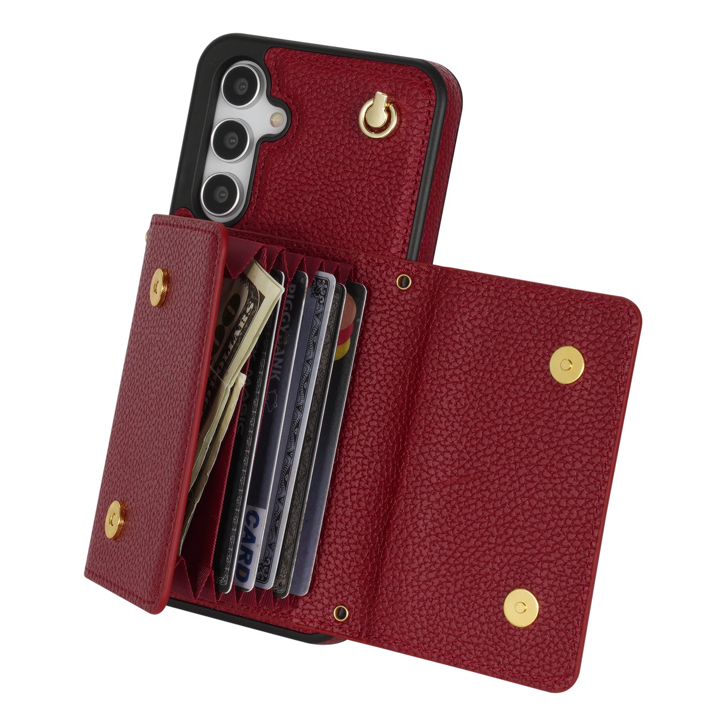 For Samsung Galaxy A16 4G / 5G Case Card Slots PU+TPU Cell Phone Cover with Long Strap - Wine Red