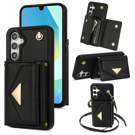 For Samsung Galaxy A16 4G / 5G Case Card Slots PU+TPU Cell Phone Cover with Long Strap - Black