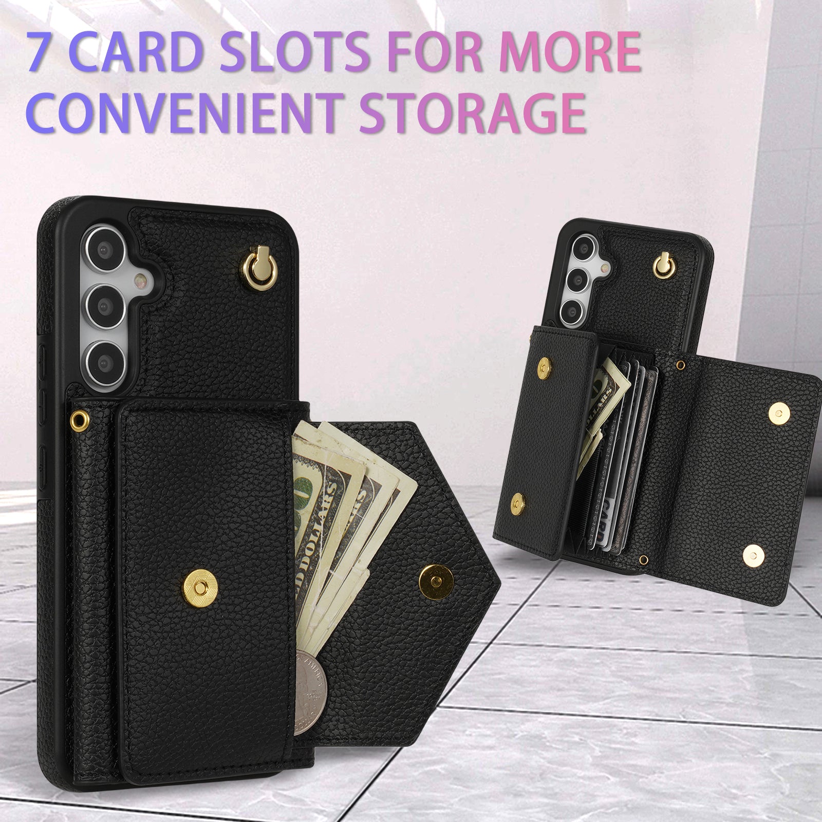 For Samsung Galaxy A16 4G / 5G Case Card Slots PU+TPU Cell Phone Cover with Long Strap - Black