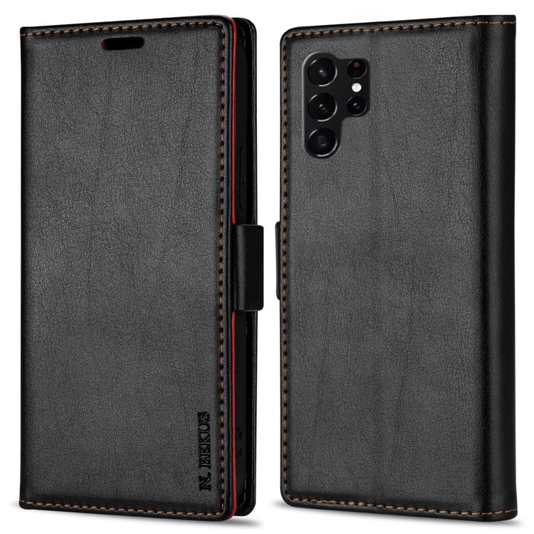 N.BEKUS For Samsung Galaxy S25 Ultra Leather Case Skin Touch Stand Wallet Phone Cover - Black
