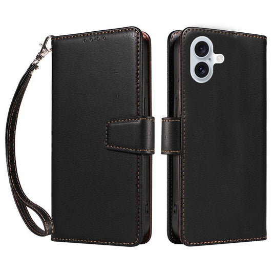 For iPhone 16 Plus Case RFID Blocking PU Leather Wallet Flip Phone Cover with Wrist Strap - Black