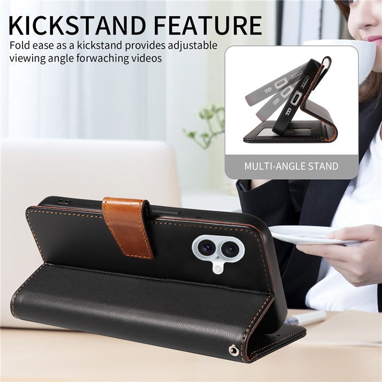 For iPhone 16 Plus Case RFID Blocking PU Leather Wallet Flip Phone Cover with Wrist Strap - Black
