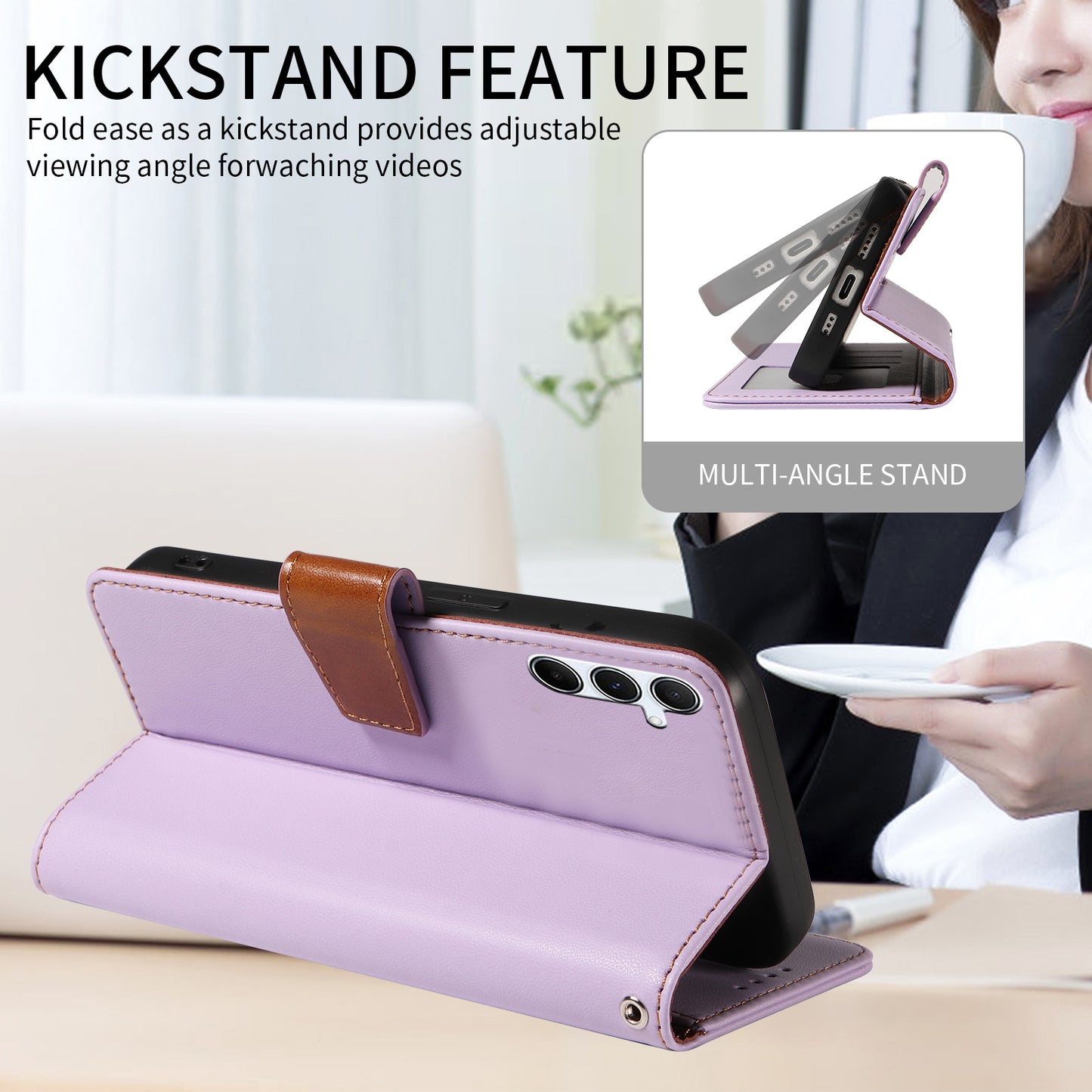 For Samsung Galaxy A16 4G / 5G Case RFID Blocking PU Leather Wallet Flip Phone Cover with Wrist Strap - Lavender Purple