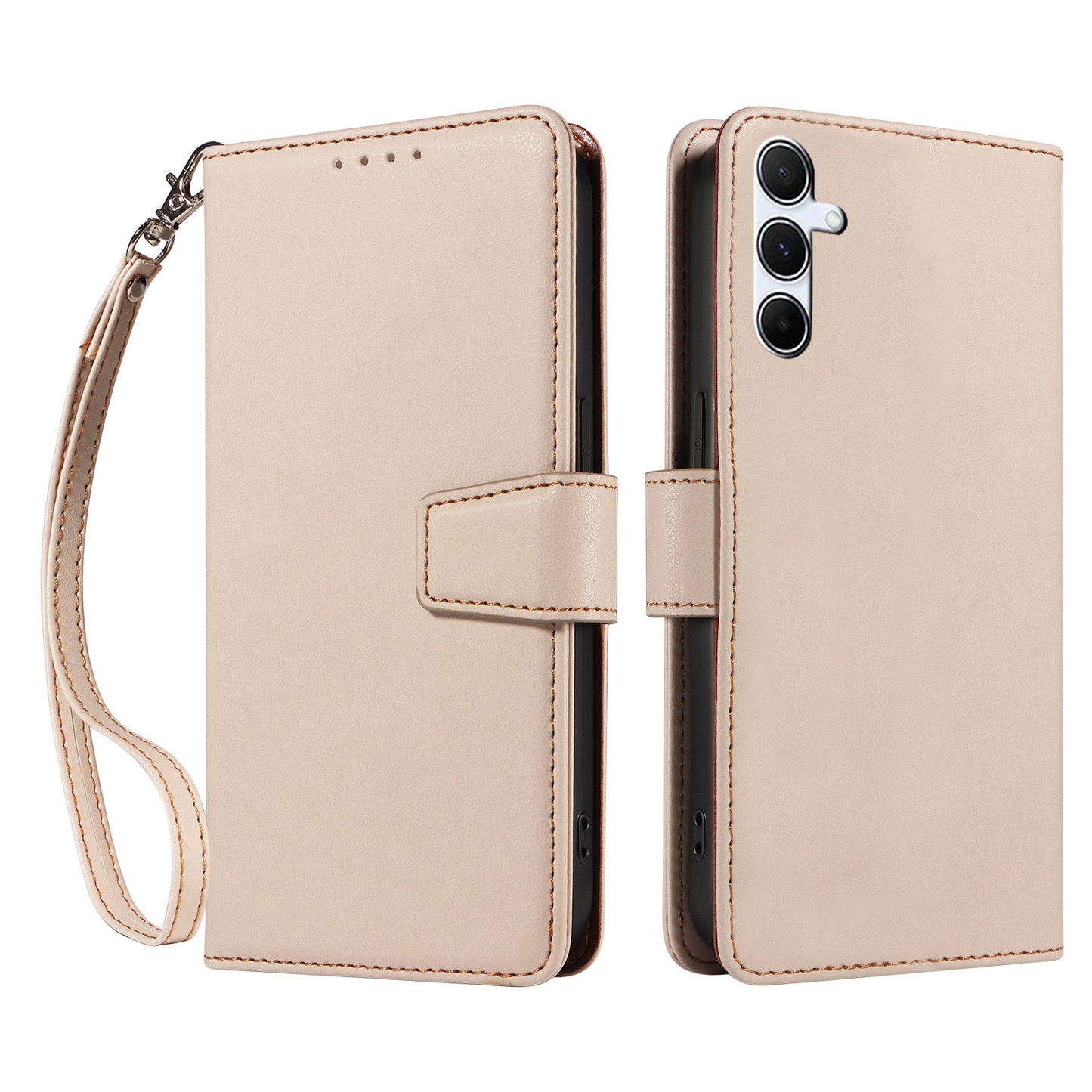 For Samsung Galaxy A16 4G / 5G Case RFID Blocking PU Leather Wallet Flip Phone Cover with Wrist Strap - Apricot