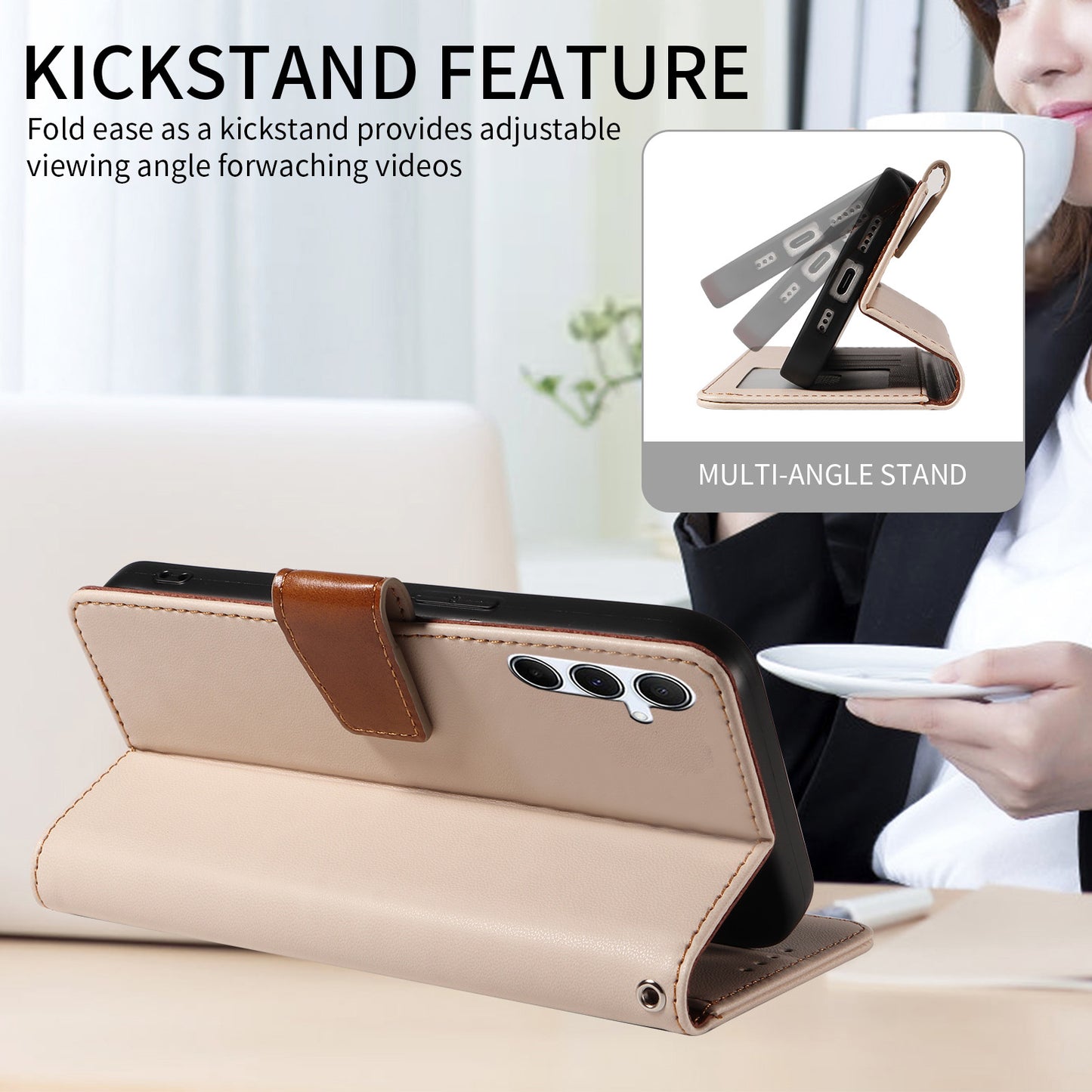 For Samsung Galaxy A16 4G / 5G Case RFID Blocking PU Leather Wallet Flip Phone Cover with Wrist Strap - Apricot