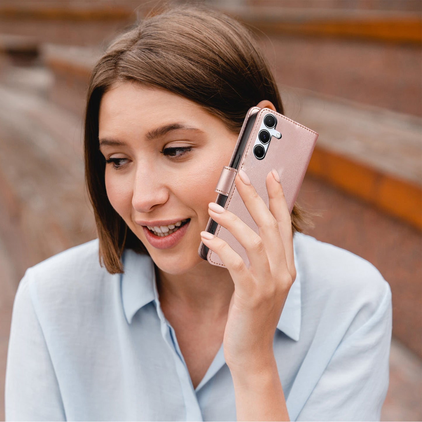 For Samsung Galaxy A16 4G / 5G Case RFID Blocking PU Leather Wallet Flip Phone Cover with Wrist Strap - Rose Gold