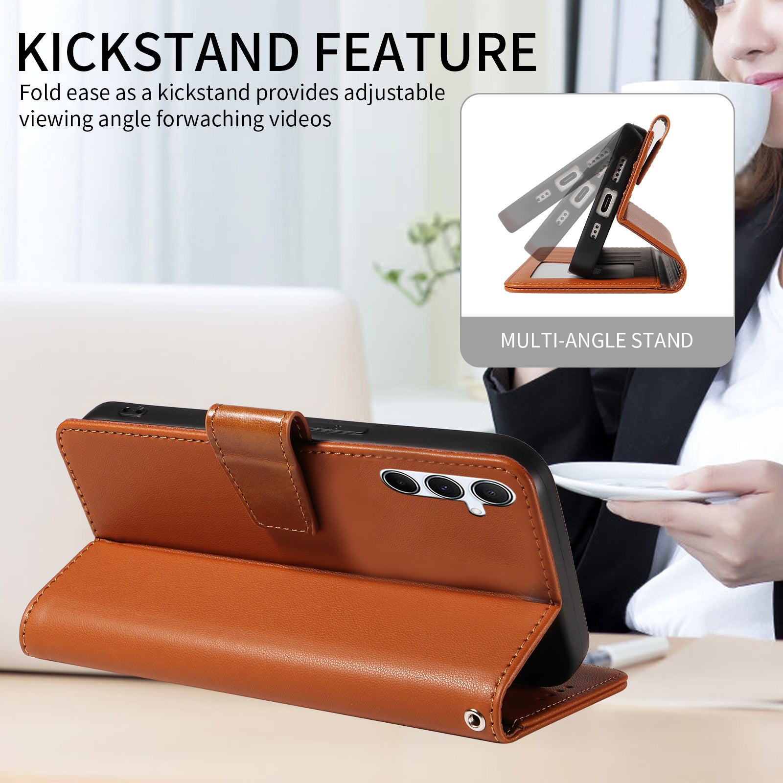 For Samsung Galaxy A16 4G / 5G Case RFID Blocking PU Leather Wallet Flip Phone Cover with Wrist Strap - Light Brown