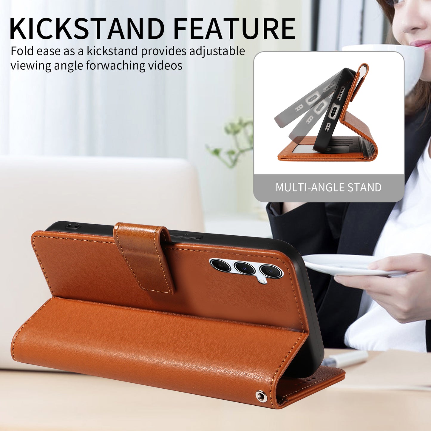 For Samsung Galaxy A16 4G / 5G Case RFID Blocking PU Leather Wallet Flip Phone Cover with Wrist Strap - Light Brown