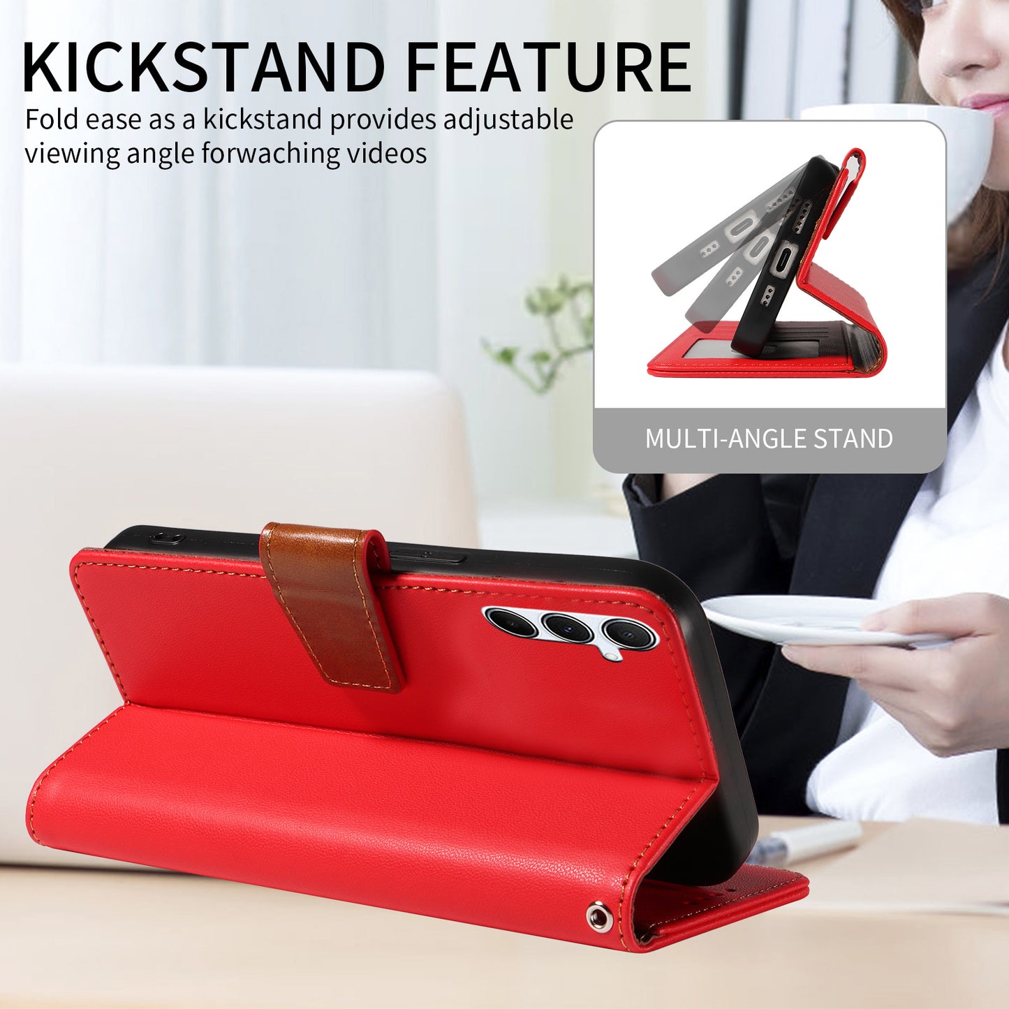 For Samsung Galaxy A16 4G / 5G Case RFID Blocking PU Leather Wallet Flip Phone Cover with Wrist Strap - Red