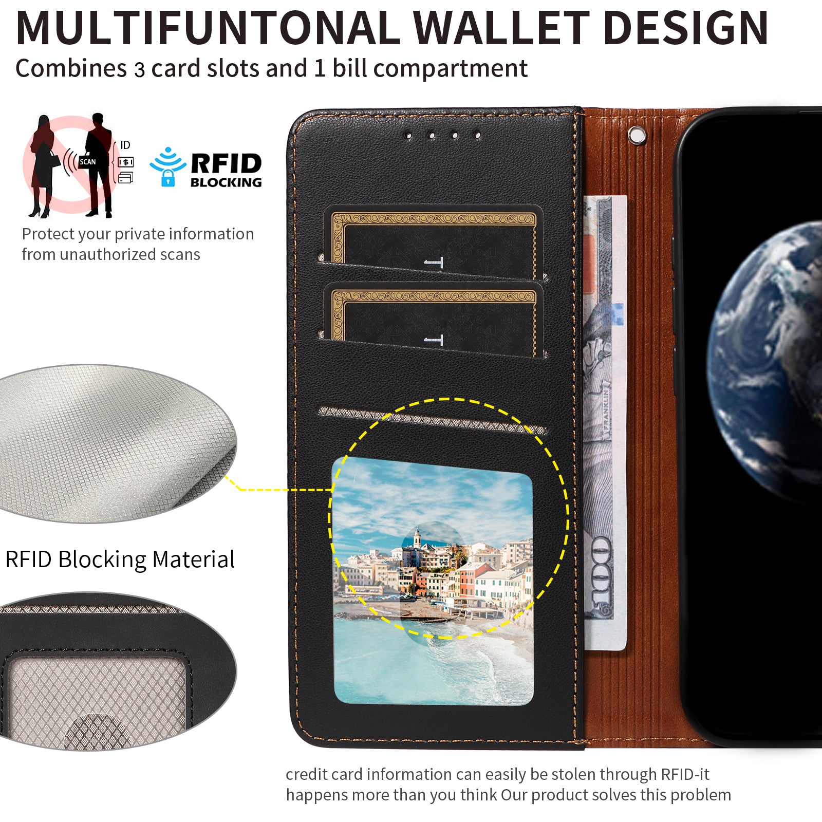 For Samsung Galaxy A16 4G / 5G Case RFID Blocking PU Leather Wallet Flip Phone Cover with Wrist Strap - Black