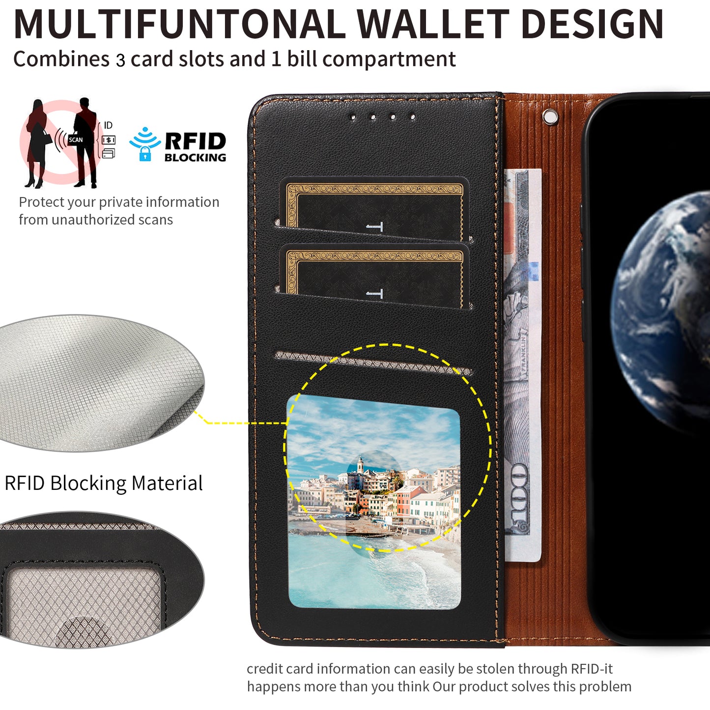 For Samsung Galaxy A16 4G / 5G Case RFID Blocking PU Leather Wallet Flip Phone Cover with Wrist Strap - Black