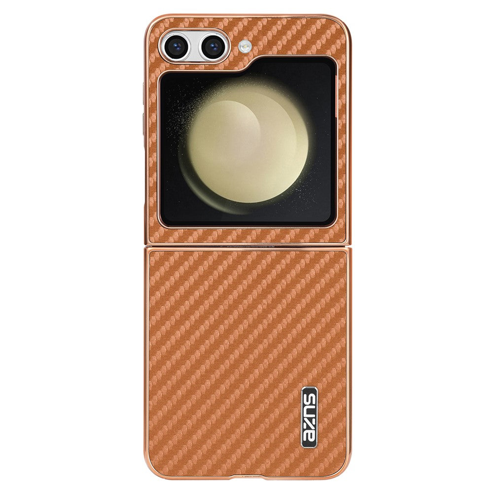 AZNS For Samsung Galaxy Z Flip7 FE 5G / Z Flip6 5G Case Electroplating Carbon Fiber Texture PU+PC Phone Cover - Brown