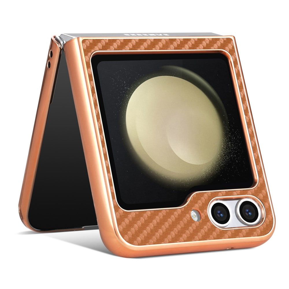 AZNS For Samsung Galaxy Z Flip7 FE 5G / Z Flip6 5G Case Electroplating Carbon Fiber Texture PU+PC Phone Cover - Brown