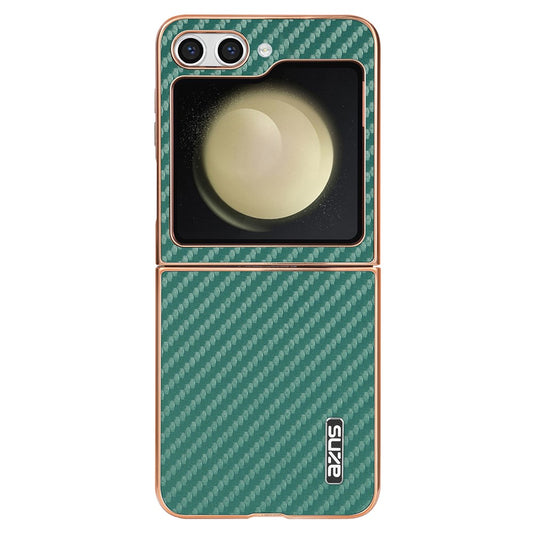 AZNS For Samsung Galaxy Z Flip7 FE 5G / Z Flip6 5G Case Electroplating Carbon Fiber Texture PU+PC Phone Cover - Green