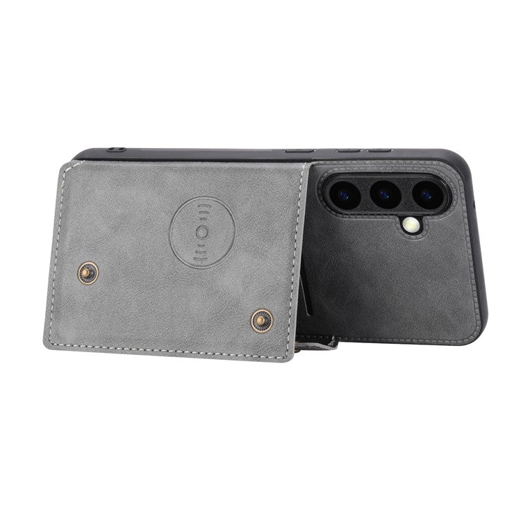 For Samsung Galaxy S25+ Case Card Slots Kickstand Leather + TPU Phone Cover - Grey