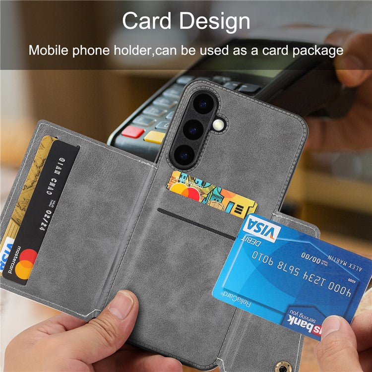 For Samsung Galaxy S25+ Case Card Slots Kickstand Leather + TPU Phone Cover - Grey