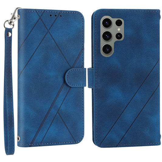 For Samsung Galaxy S25 Ultra Case Imprinted Line Leather Phone Cover with Handy Strap - Blue