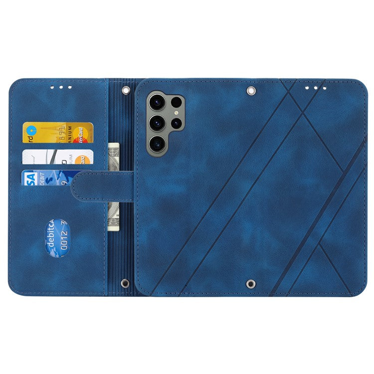 For Samsung Galaxy S25 Ultra Case Imprinted Line Leather Phone Cover with Handy Strap - Blue