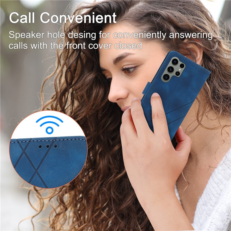 For Samsung Galaxy S25 Ultra Case Imprinted Line Leather Phone Cover with Handy Strap - Blue