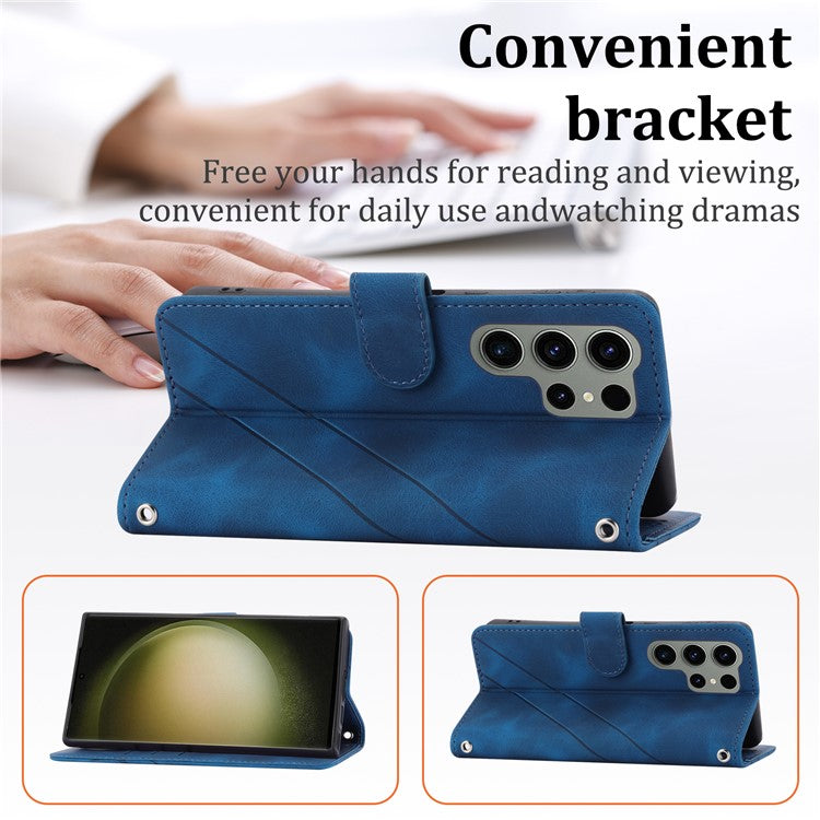 For Samsung Galaxy S25 Ultra Case Imprinted Line Leather Phone Cover with Handy Strap - Blue