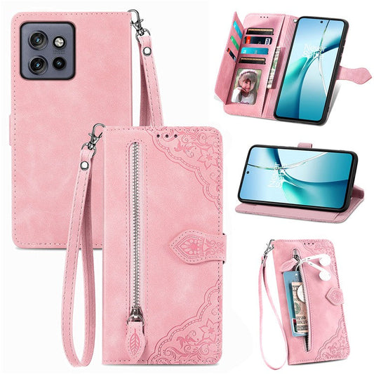 Case For Motorola Edge 50 Neo 5G / Moto S50 5G / Thinkphone 25 5G Zipper Wallet PU Leather Flower Imprint Phone Cover - Pink