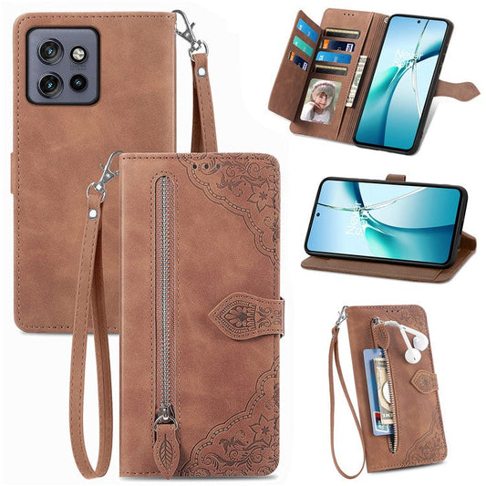Case For Motorola Edge 50 Neo 5G / Moto S50 5G / Thinkphone 25 5G Zipper Wallet PU Leather Flower Imprint Phone Cover - Brown