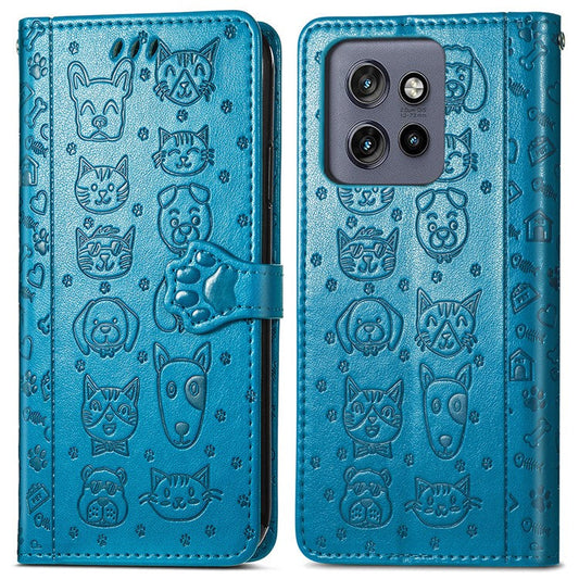 For Motorola Edge 50 Neo 5G Case Leather Wallet Flip Phone Cover Cute Cat Dog Pattern - Blue